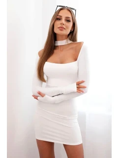 Dámské šaty s dlouhým rukávem a průstřihem na ramenou ecru