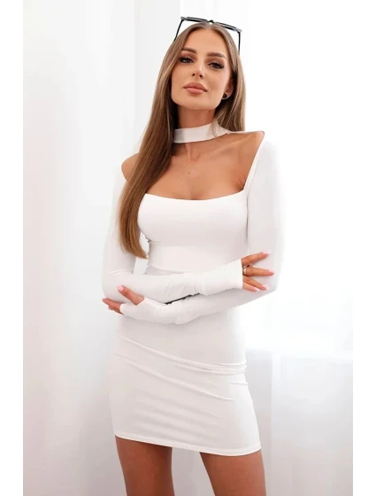 Dámské šaty s dlouhým rukávem a průstřihem na ramenou ecru