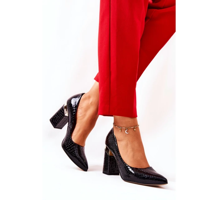 Skórzane Czółenka Lewski Wężowe 3117 Czarne