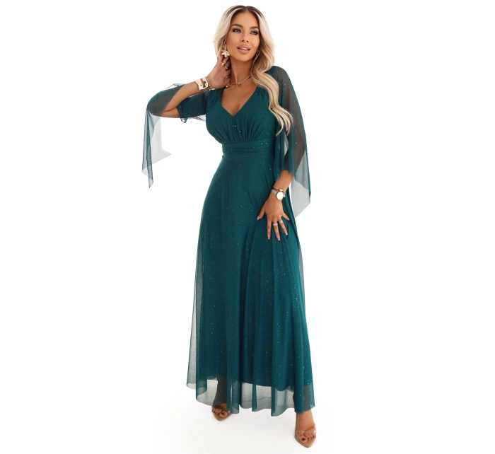 Dlouhé lehké třpytivé šaty s výstřihem a rukávy zelené model 21802212 - numoco basic Dlouhé lehké třpytivé šaty s výstřihem a rukávy zelené model 21802212 - numoco basic