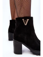 Damskie Zamszowe Botki Na Słupku Z Ozdobą Czarne Strong Damskie Zamszowe Botki Na Słupku Z Ozdobą Czarne Strong