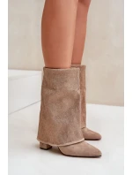 Zdobione Błyszczące Botki Z Wywiniętą Cholewką Na Słupku Ocieplane Beżowe Xistaria