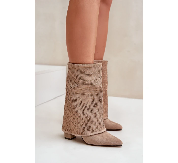 Zdobione Błyszczące Botki Z Wywiniętą Cholewką Na Słupku Ocieplane Beżowe Xistaria