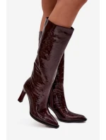 Skórzane Lakierowane Kozaki Damskie  Ocieplane D&A CR52-716 Bordowe
