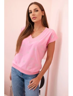 Dámská blůza s výstřihem do V a potiskem model 21220069 světle růžová - K-Fashion