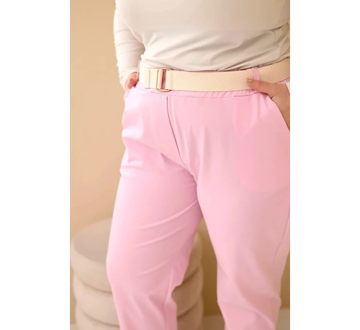 Dámske Plus veľkosť bavlnené nohavice s opaskom svetlo ružová