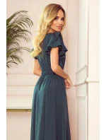 LIDIA - Dlhé dámske šaty v fľaškovo zelenej farbe s výstrihom a volánikmi 310-1