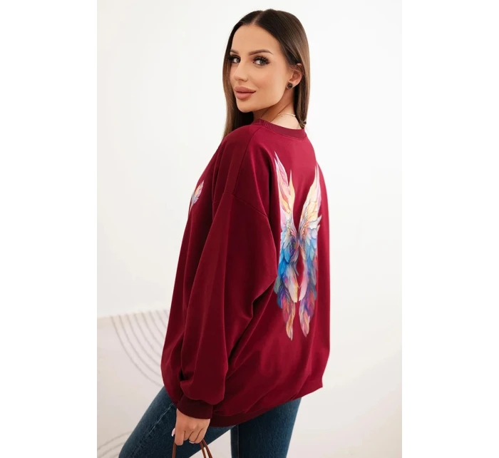 Dámska bavlnená mikina nadrozmernej veľkosti s farebnými krídlami na chrbte bordová Dámska bavlnená mikina nadrozmernej veľkosti s farebnými krídlami na chrbte bordová