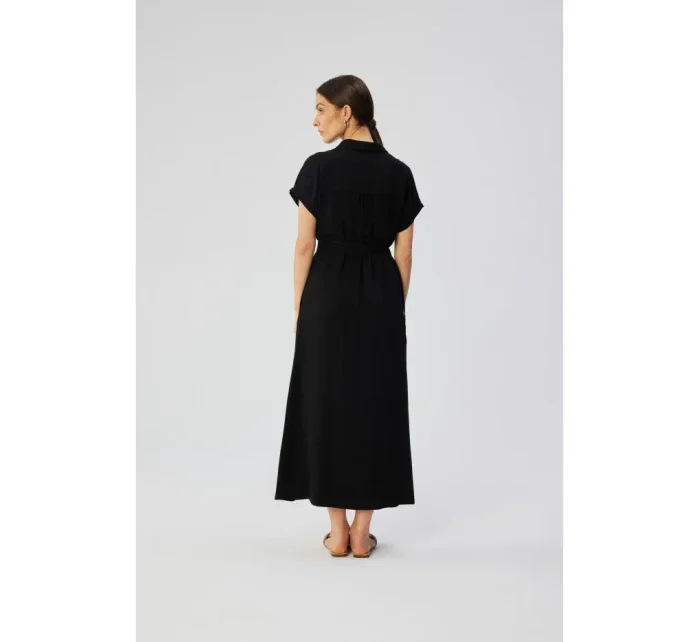 S364 Viskózové maxi košeľové šaty - čierne S364 Viskózové maxi košeľové šaty - čierne