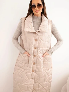 Dámská dlouhá prošívaná vesta s kapsami a stojáčkem tmavě béžová