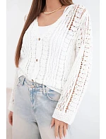 Dámsky bavlnený a čipkovaný sveter s výstrihom do V biely
