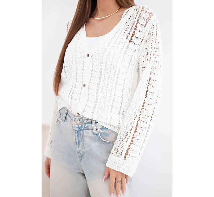 Dámsky bavlnený a čipkovaný sveter s výstrihom do V biely