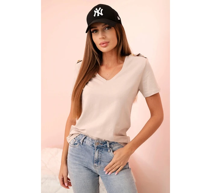 Dámska bavlnená blúzka s véčkovým výstrihom a krátkymi rukávmi béžová