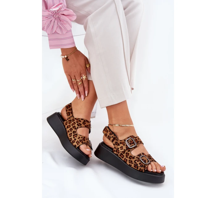 Sandały Damskie Na Platformie I Koturnie Z Klamrami Panterka Brązowe Genorre Sandały Damskie Na Platformie I Koturnie Z Klamrami Panterka Brązowe Genorre