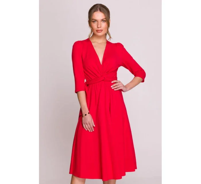 S404 Pletené šaty s opaskom na zaväzovanie - červené S404 Pletené šaty s opaskom na zaväzovanie - červené