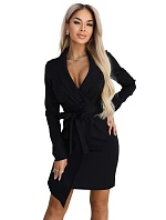 model 22040379 Elegantní tmavě modré šaty s páskem a asymetrickým spodním dílem černé - numoco