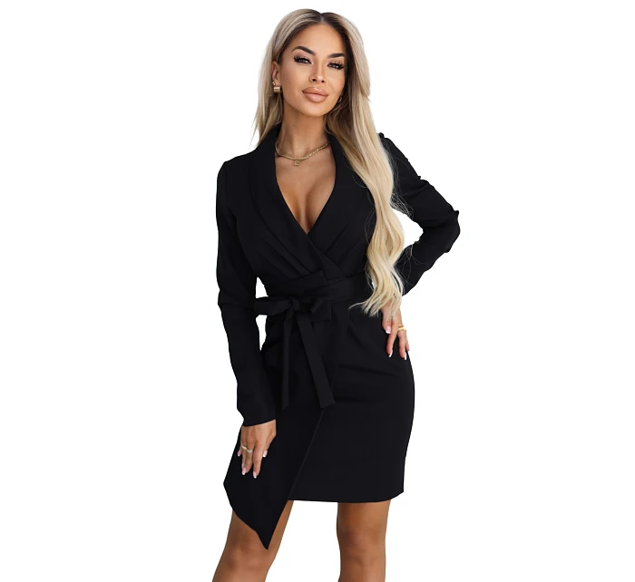 model 22040379 Elegantní tmavě modré šaty s páskem a asymetrickým spodním dílem černé - numoco