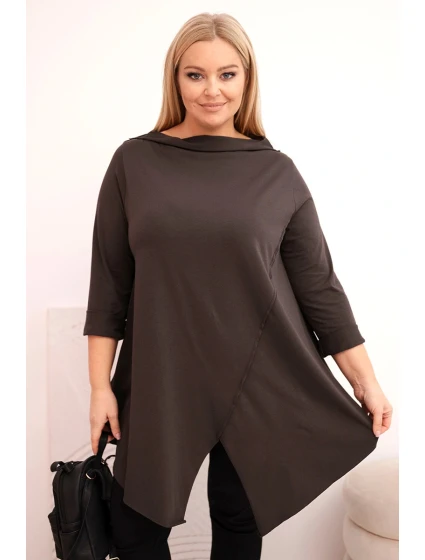Dámská bavlněná blůza Plus Size asymetrická s ohrnutým rukávem hnědá Dámská bavlněná blůza Plus Size asymetrická s ohrnutým rukávem hnědá