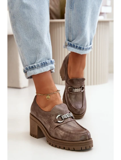 Zazoo 20175 Półbuty Damskie Na Słupku Skóra Naturalna Ciemnobeżowe