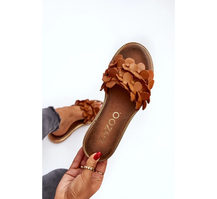 Zazoo 40381 Damskie Skórzane Klapki Na Płaskim Obcasie Brązowe