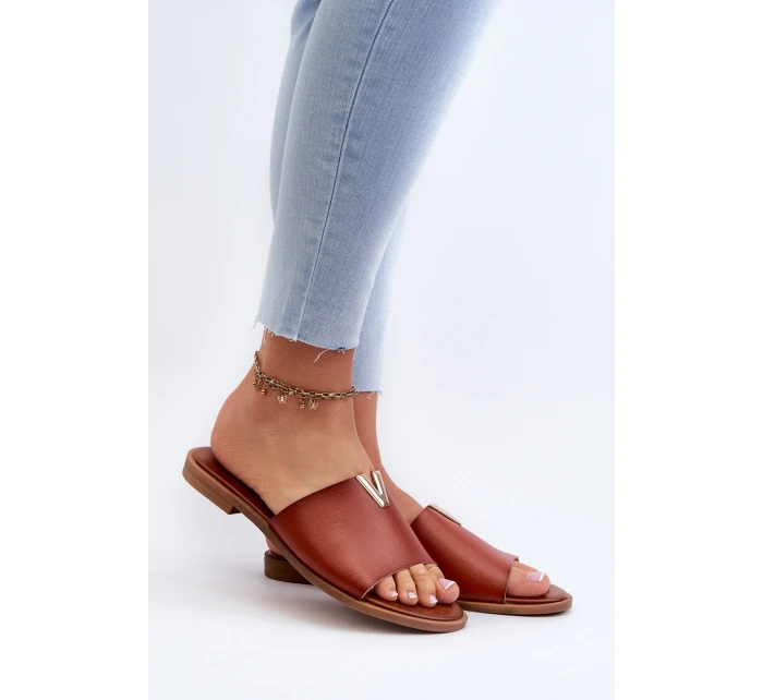 Klapki Damskie Eko Skórzane Na Płaskim Obcasie Brązowe Maliha