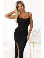 563-2 COSIMA Lesklé, fenomenálne šaty s drapériou - ČIERNE 563-2 COSIMA Lesklé, fenomenálne šaty s drapériou - ČIERNE