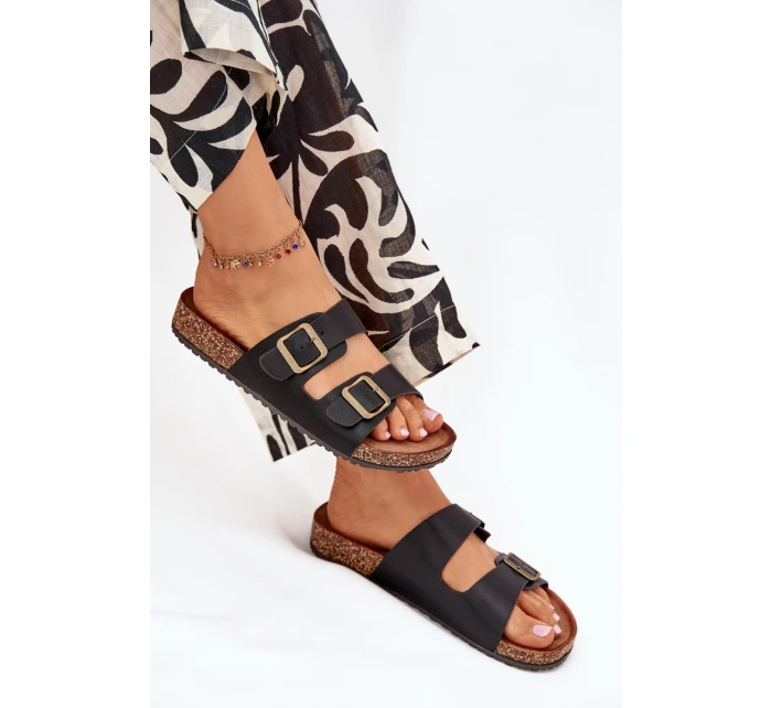 Dámske papuče na korkovej platforme s prackami - čierne