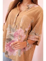 Dámska bavlnená blúzka s kvetinovým vzorom a gombíkmi - ťavia