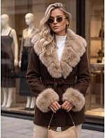 Płaszcz damski dwurzędowy z odpinanym kołnierzem brązowy FashionStreet TY6079
