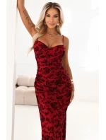 Přiléhavé maxi šaty s obálkovým výstřihem a rozparkem vínové s vzorem model 21859675 - numoco basic