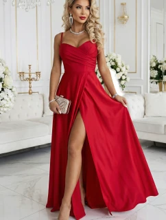 646-3 Dlhé spoločenské šaty bez ramienok s rozparkom na nohách - červené