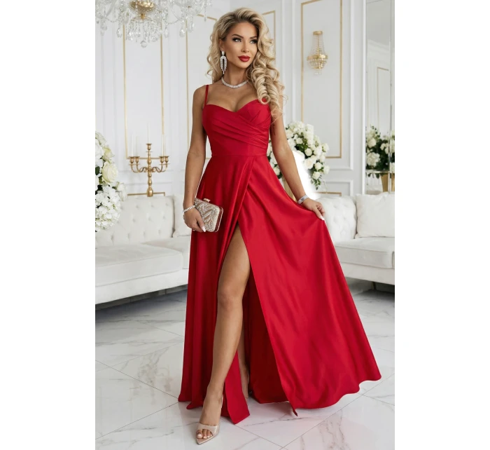 model 22015478 Dlouhé společenské šaty bez ramínek s rozparkem na nohou červené - numoco basic
