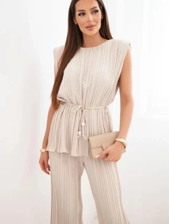 Dámsky viskózový plisovaný komplet s viazanou blúzkou a širokými nohavicami béžovej farby