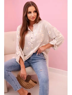 model 21911576 dámská halenka s květinovým vzorem, dlouhými rukávy a knoflíky béžová + bílá - K-Fashion