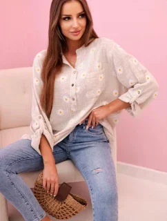 Dámska ľanová blúzka s kvetinovým vzorom, dlhými rukávmi a gombíkmi béžová + biela
