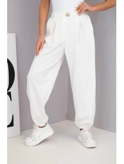 Dámské bavlněné kalhoty s vysokým pasem a ozdobným knoflíkem ecru