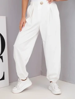 Dámske bavlnené nohavice s vysokým pásom a ozdobným gombíkom ecru