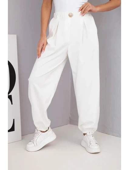 Dámské bavlněné kalhoty s vysokým pasem a ozdobným knoflíkem ecru