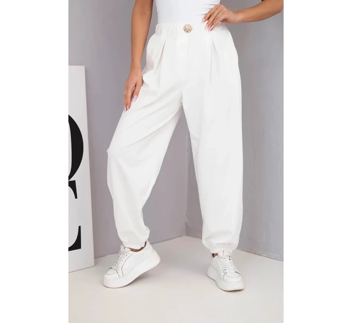 Dámské bavlněné kalhoty s vysokým pasem a ozdobným knoflíkem ecru