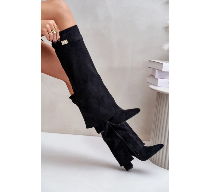 Kozaki Eko Zamszowe Obcas Słupek Na Zamek Ocieplane Wywinięta Cholewka Beżowe Evyra