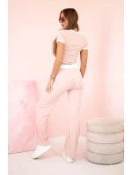 Žebrovaný komplet halenka + kalhoty se širokou nohavicí pudrově růžová