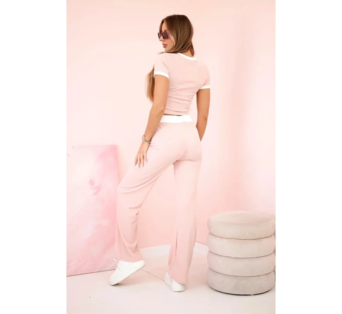 Žebrovaný komplet halenka + kalhoty se širokou nohavicí pudrově růžová