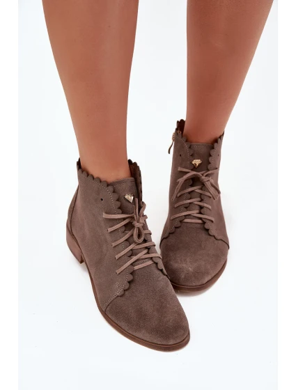 Zazoo 2964 Zamszowe Botki Na Płaskim Obcasie Ciemnobeżowe