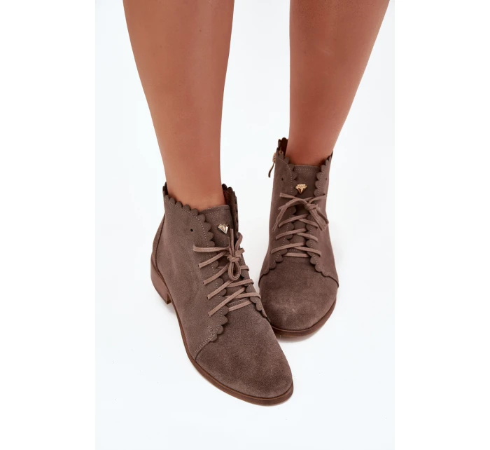 Zazoo 2964 Zamszowe Botki Na Płaskim Obcasie Ciemnobeżowe