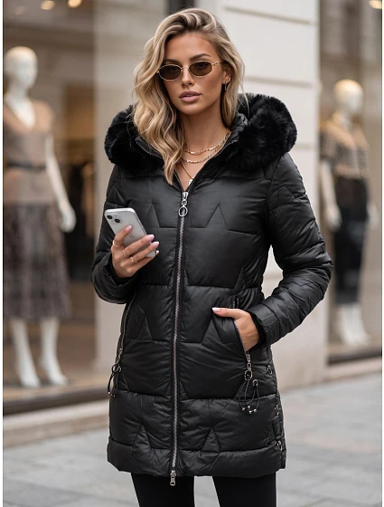 Dámska zimná prešívaná bunda s kapucňou, čierna, FashionStreet TY5738 Dámska zimná prešívaná bunda s kapucňou, čierna, FashionStreet TY5738