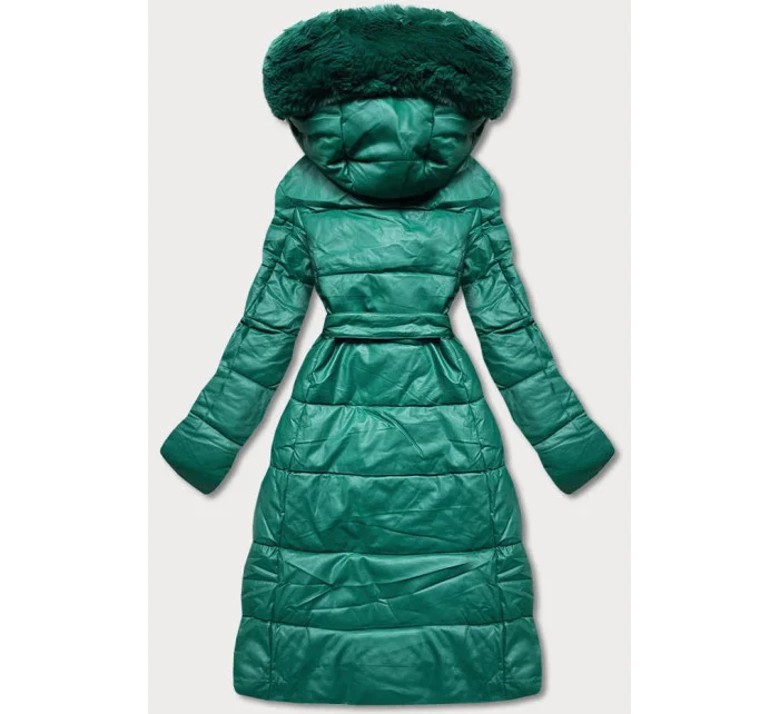 Dámska bunda s kožušinovým golierom zelená (ag6-28)