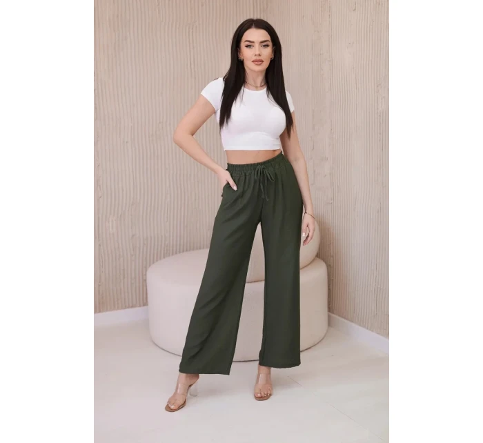Viskózové nohavice so širokými nohavicami khaki