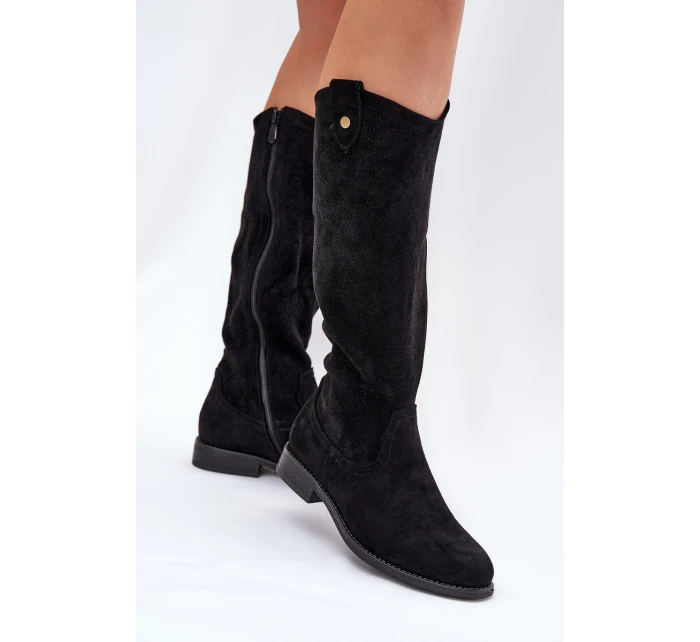 Kozaki Na Płaskim Obcasie Z Ażurowym Wzorem S.Barski HY51-062 Czarne