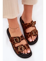Klapki Damskie W Panterkę Na Platformie Z Klamrami Brązowe Simbes