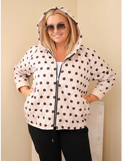 Dámska bunda vo veľkosti Plus Size s kapucňou a bodkami, béžová